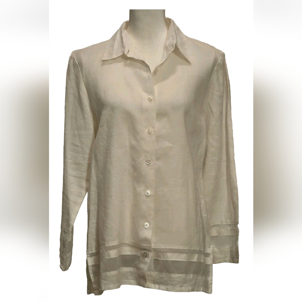 Jennifer Eden Women's Button Up Ivory Blouse 100% Ramie Linen Like Sz M Office